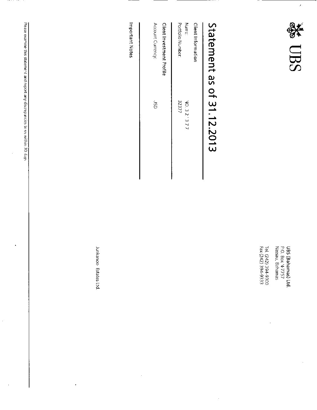 UBS Account Statement 31 December 2013