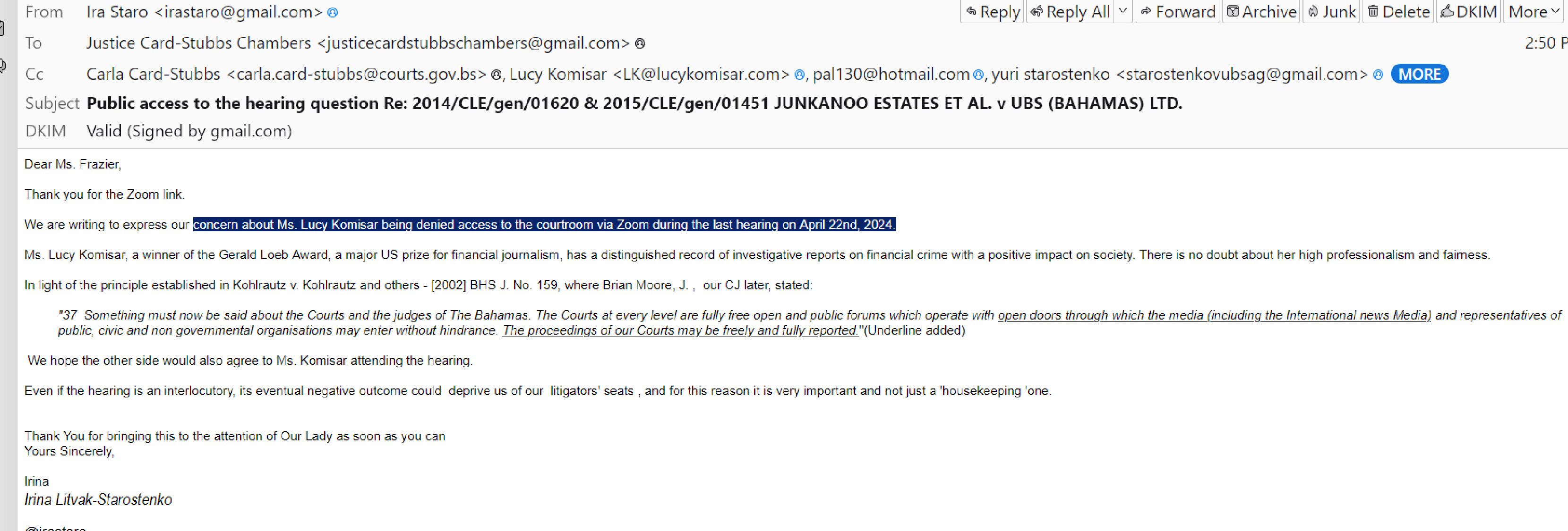 email asking judge abt banning LK from hearing
