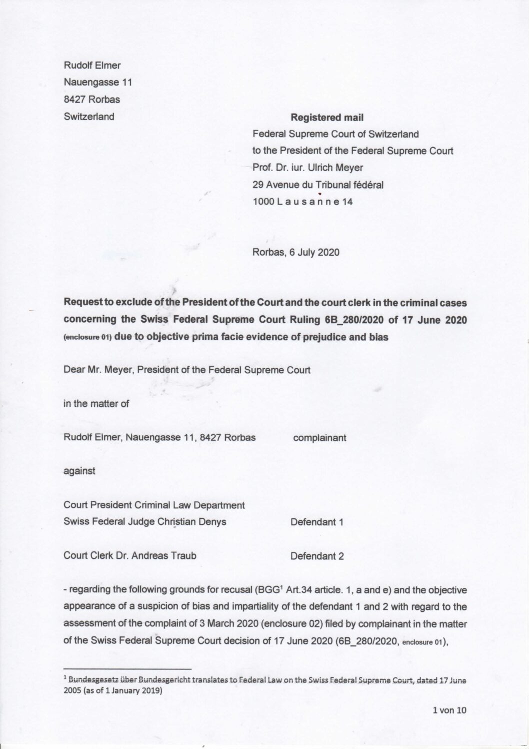 link 01 English Complaint President of Swiss Federal Court U Meyer July 6 2020