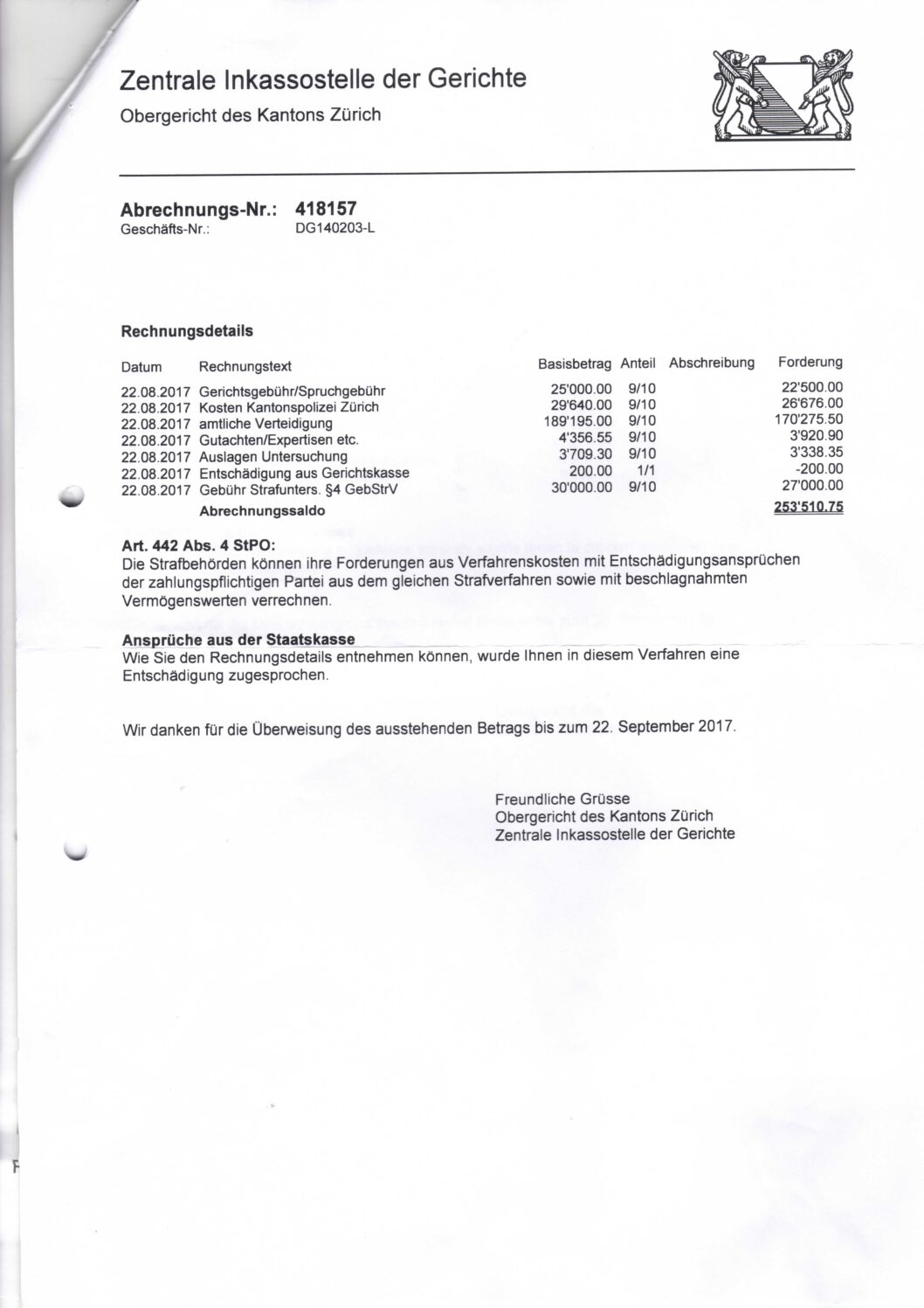 link 09 Invoice court costs Higher Court 2017
