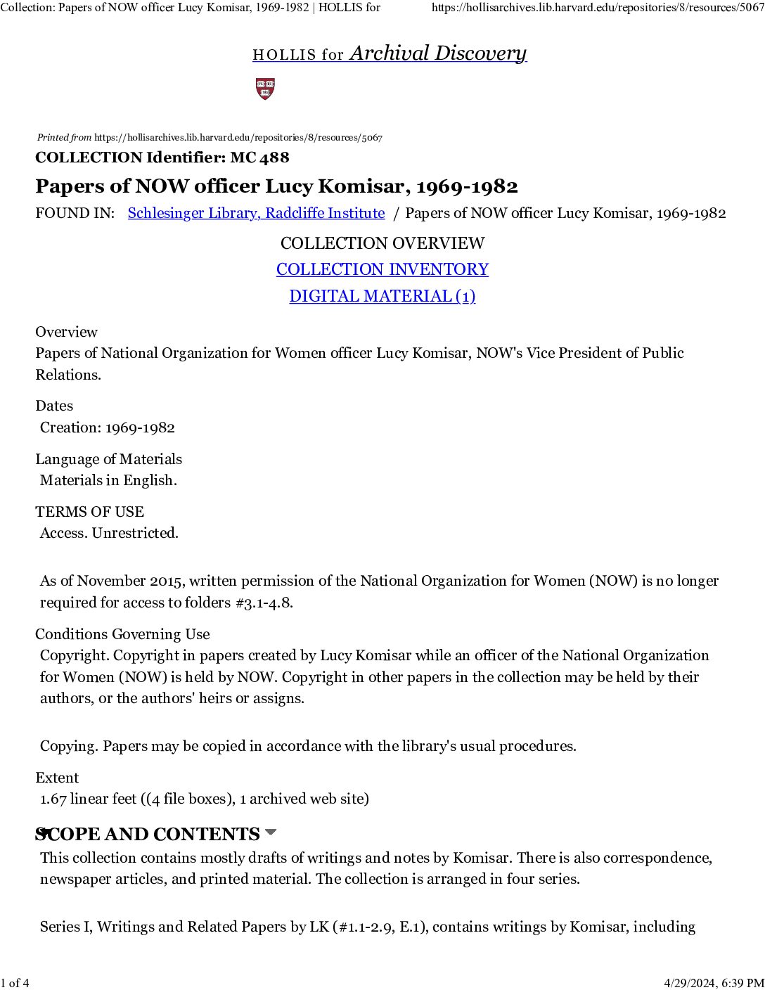 Collection Papers of NOW officer Lucy Komisar, 1969-1982 HOLLIS for