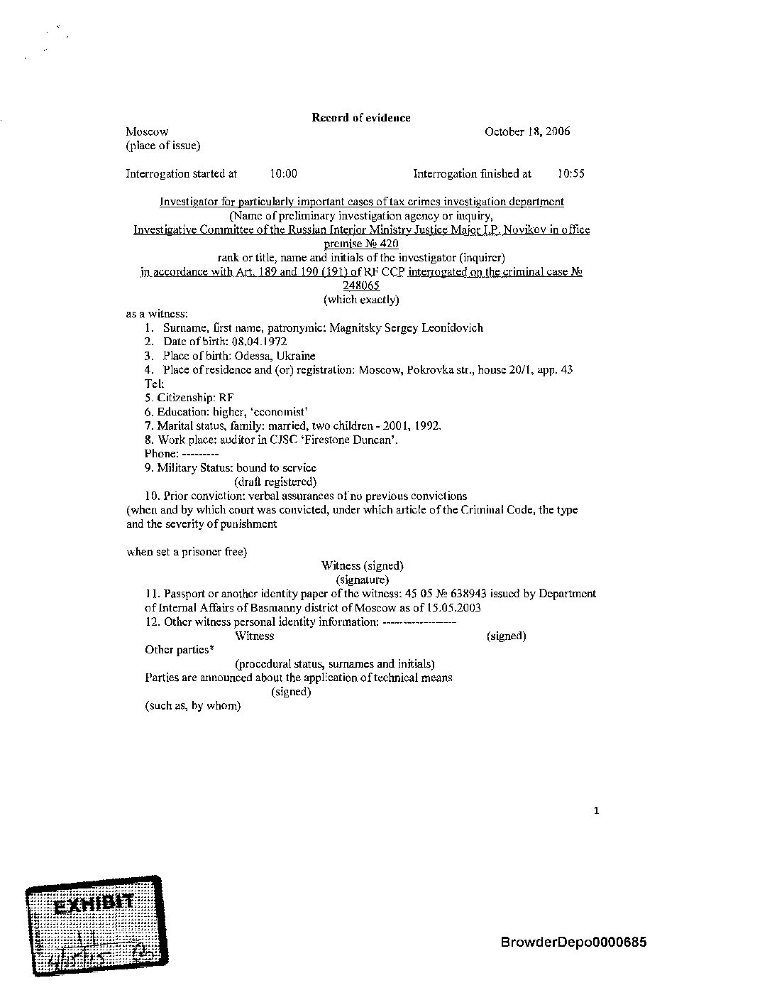 Magnitsky Testimonies, marked as exhibits filed with pacer