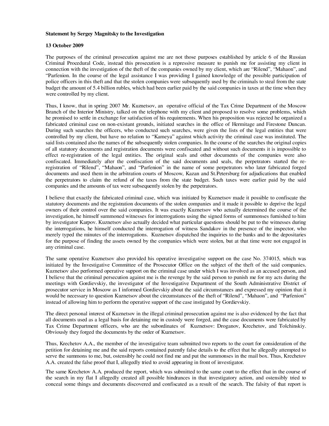 13 October 2009 Transcript of Sergei Magnitsky declaration in response to accusations against him Eng