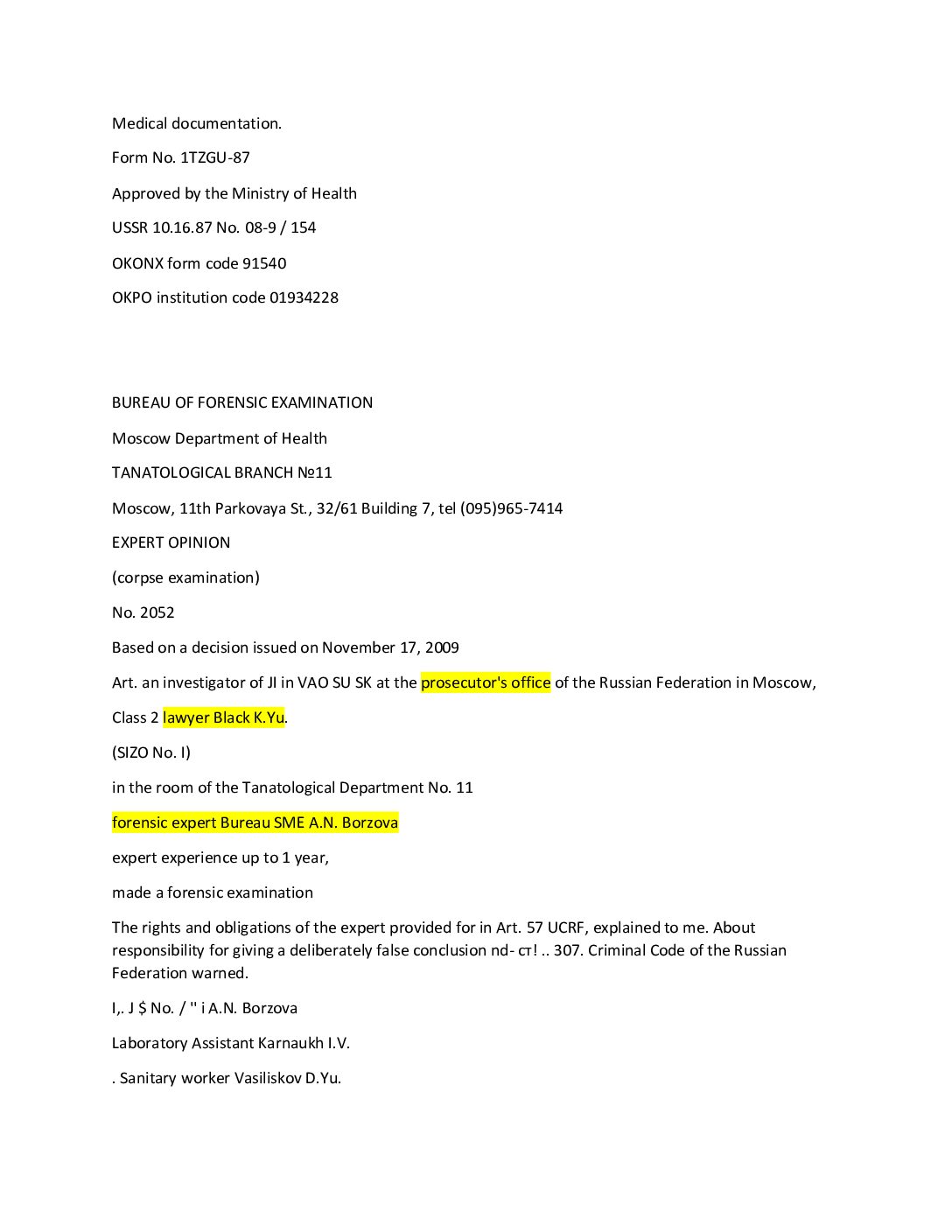 Forensic report translation to English with body sketches, wrist & knee bruise fotos