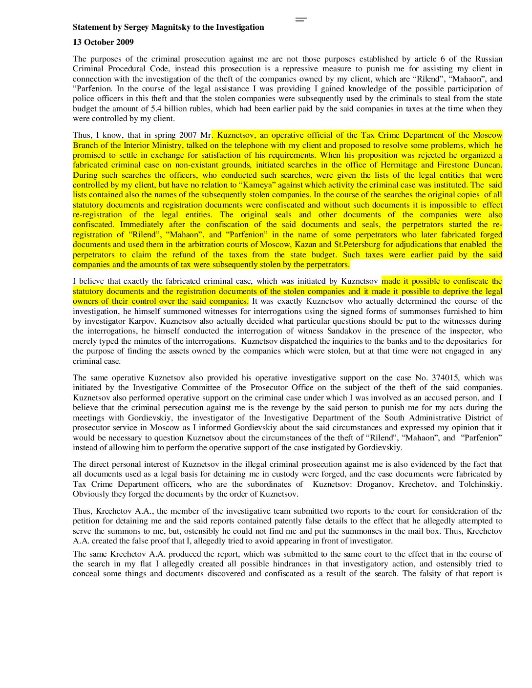 Magnitsky statement to investigation Oct 13, 2009