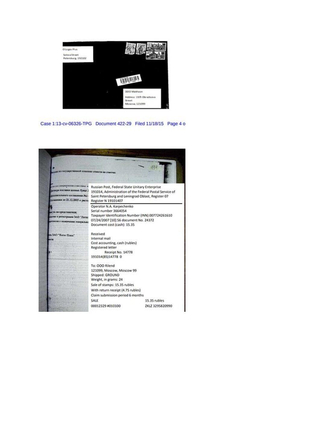 Envelope evidence showing Browder knew about court cases