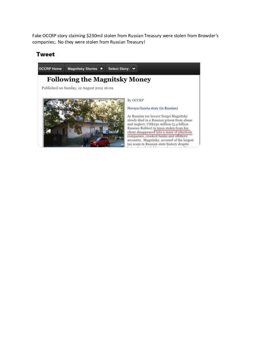 Fake OCCRP story claiming $230mil stolen from Russian Treasury were stolen from Browder’s companies