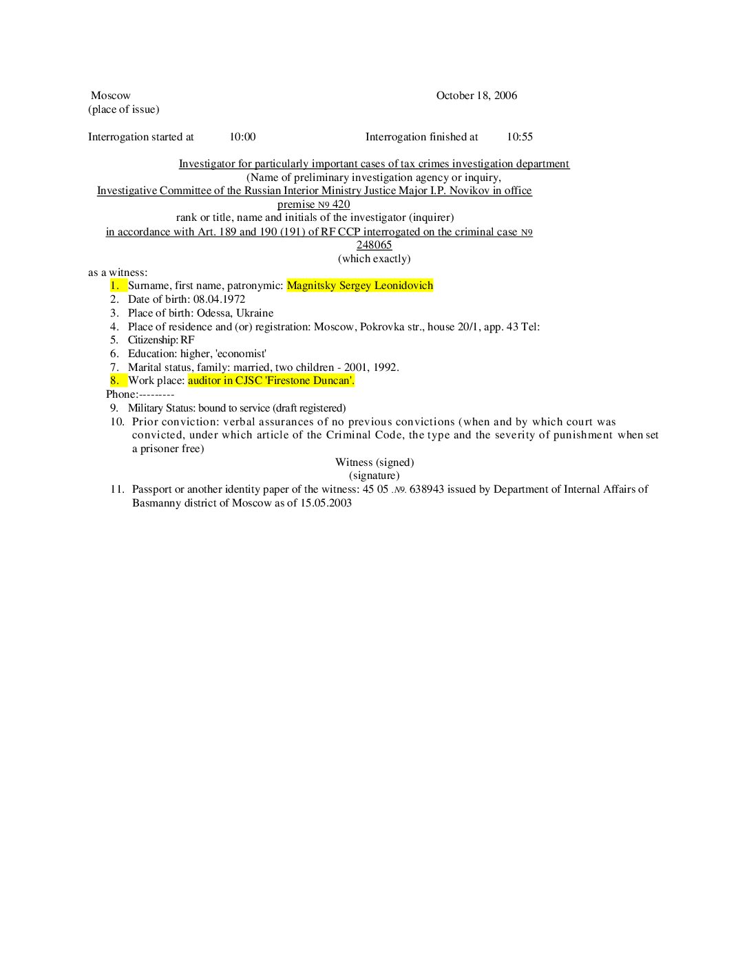 Magnitsky ID in testimony