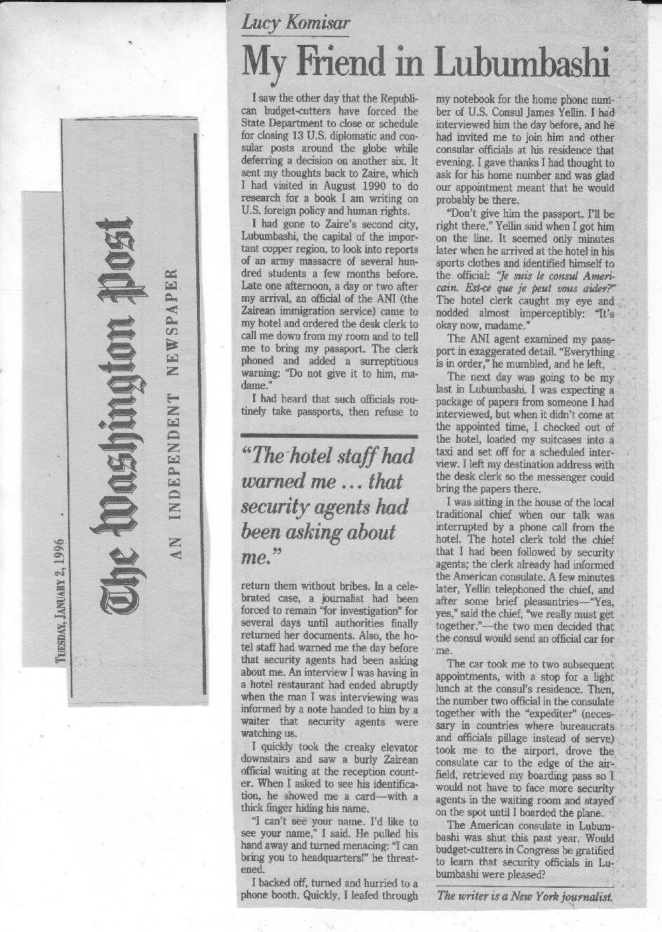 Washington Post My Friend in Lubumbashi